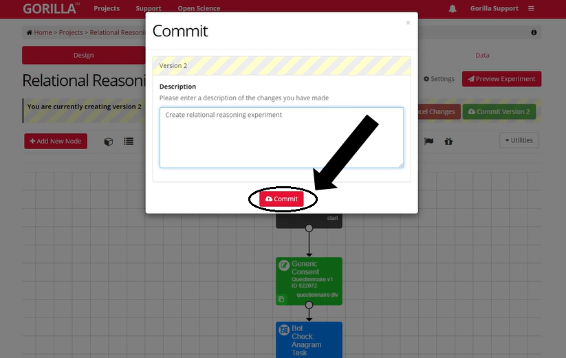 A screenshot of the commit text box in the Experiment Builder, the red commit button has been highlighted.